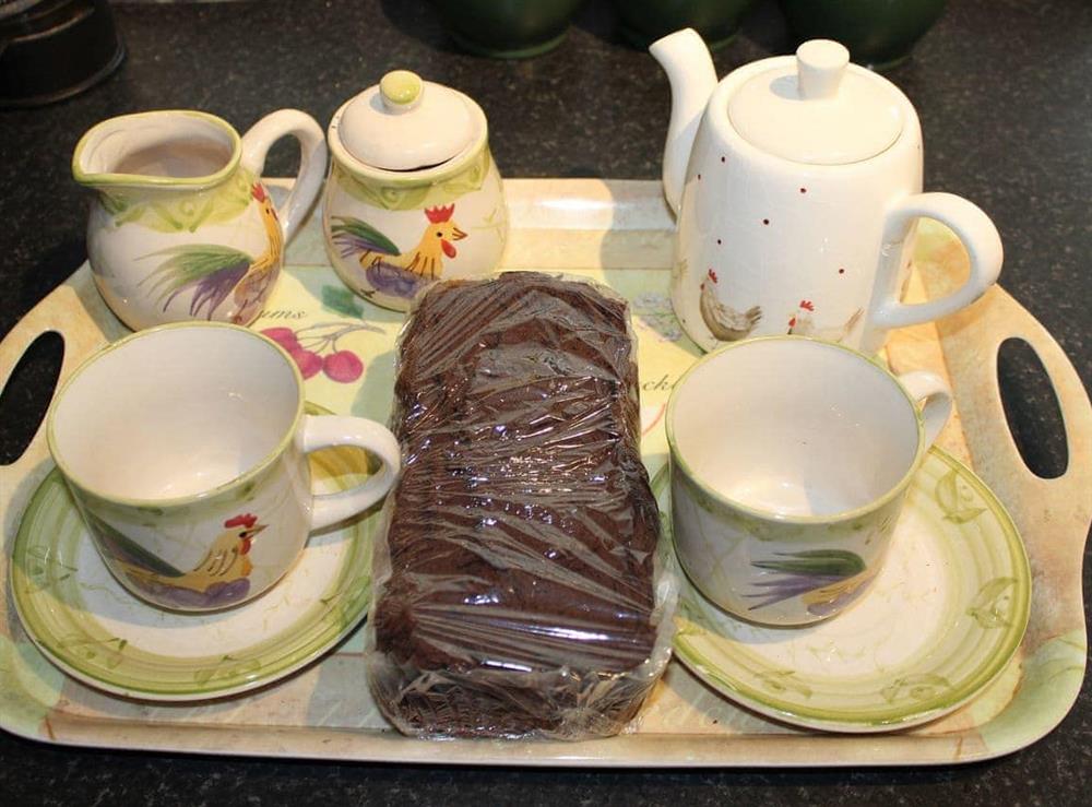 Typical welcome tea tray at Brookside in Shobley, near Ringwood, Hampshire
