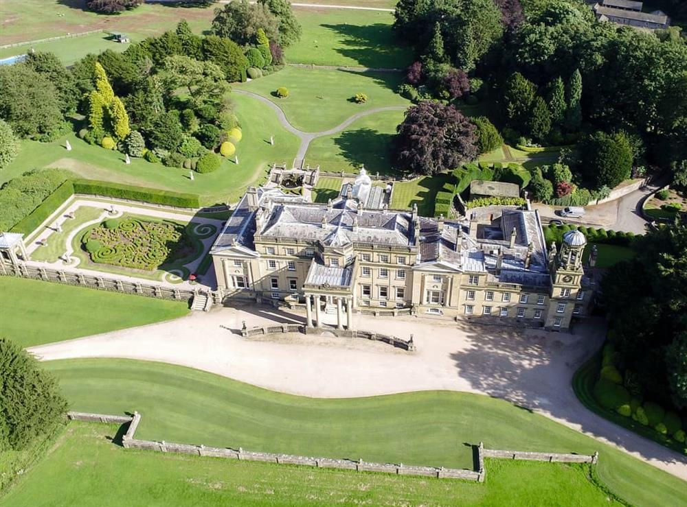 Aerial view of Broughton Hall at Broughton Hall in Broughton, near Skipton, North Yorkshire