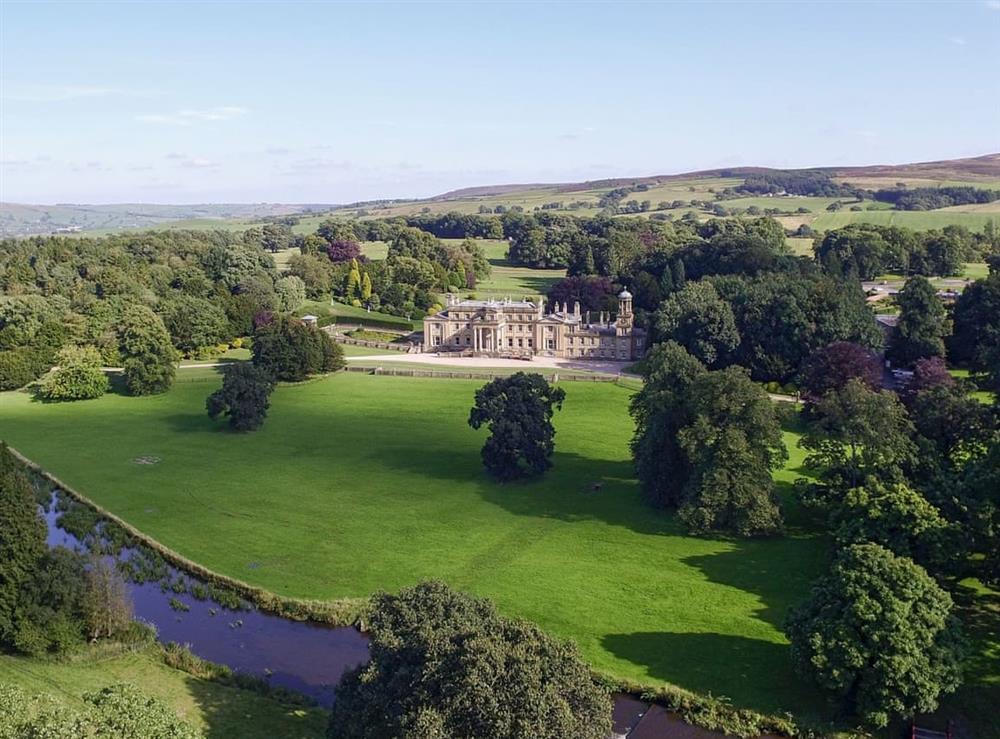 Aerial view of the Broughton Hall estate at Broughton Hall in Broughton, near Skipton, North Yorkshire