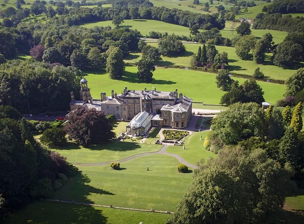 Aerial view of the rear of the Broughton Hall estate at Broughton Hall in Broughton, near Skipton, North Yorkshire