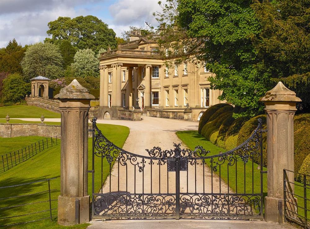 Entrance gates to Broughton Hall at Broughton Hall in Broughton, near Skipton, North Yorkshire