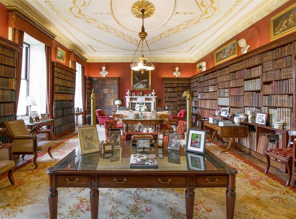 Immaculately presented library at Broughton Hall in Broughton, near Skipton, North Yorkshire