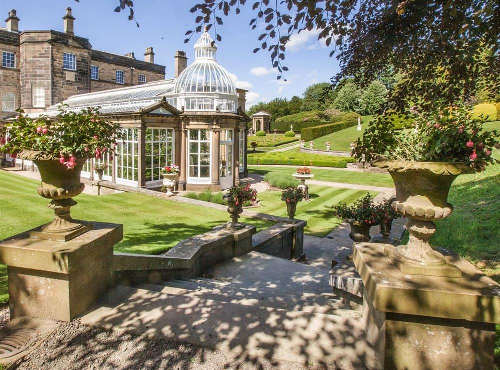The orangery from the gardens at Broughton Hall in Broughton, near Skipton, North Yorkshire