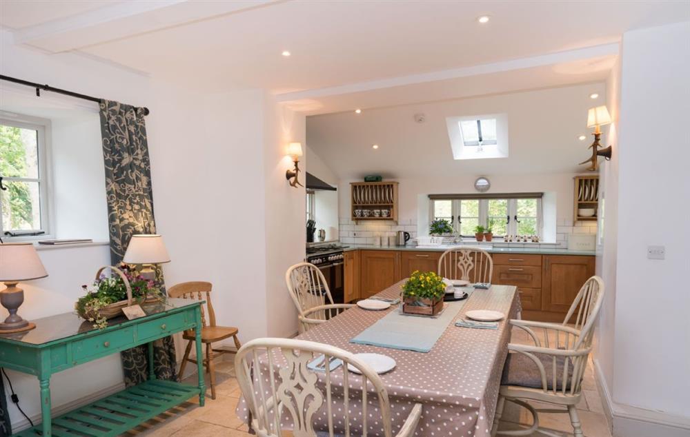 Large and fully equipped kitchen and dining room at Bryn Derw, Bodnant Estate