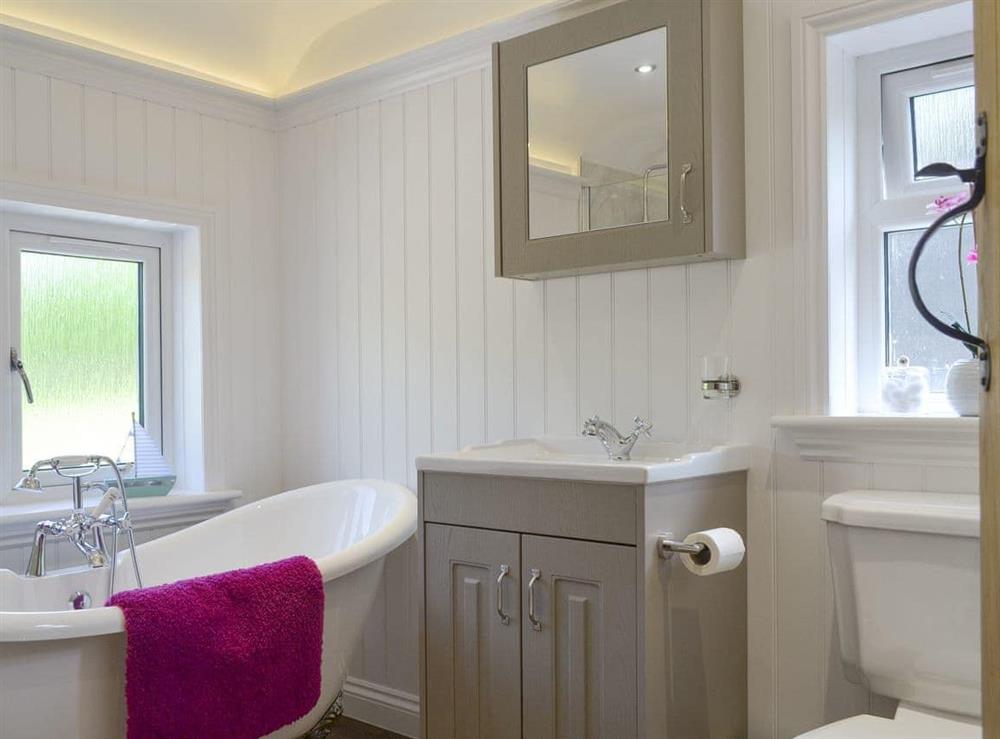 Family bathroom with roll-top bath and separate shower cubicle at Bryn Salem in Cwm-Cewydd, near Machynlleth, Gwynedd