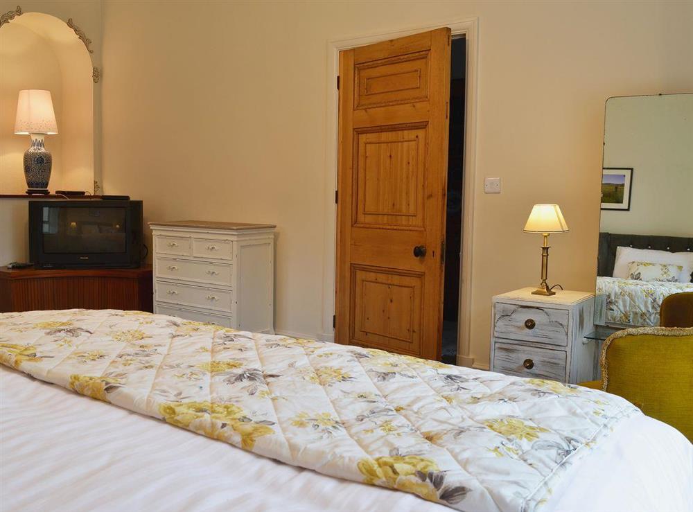 Double bedroom with 6ft zip and link bed (can be twin on request), sitting area, TV and feature fireplace (photo 2) at Brynog Mansion Farmhouse in Lampeter, near Aberaeron, Dyfed