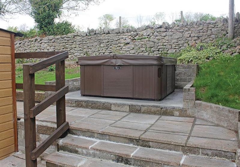 Lodge with an outdoor hot tub at Bucklegrove Holiday Park in Cheddar, Somerset