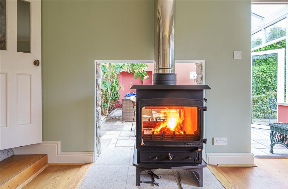 The double-sided wood burning stove at Bucknowle Lodge, Wareham