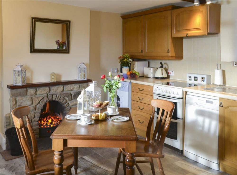 Kitchen and dining area with open fire at Buckswell Cottage in Baldersdale, near Barnard Castle, County Durham, England