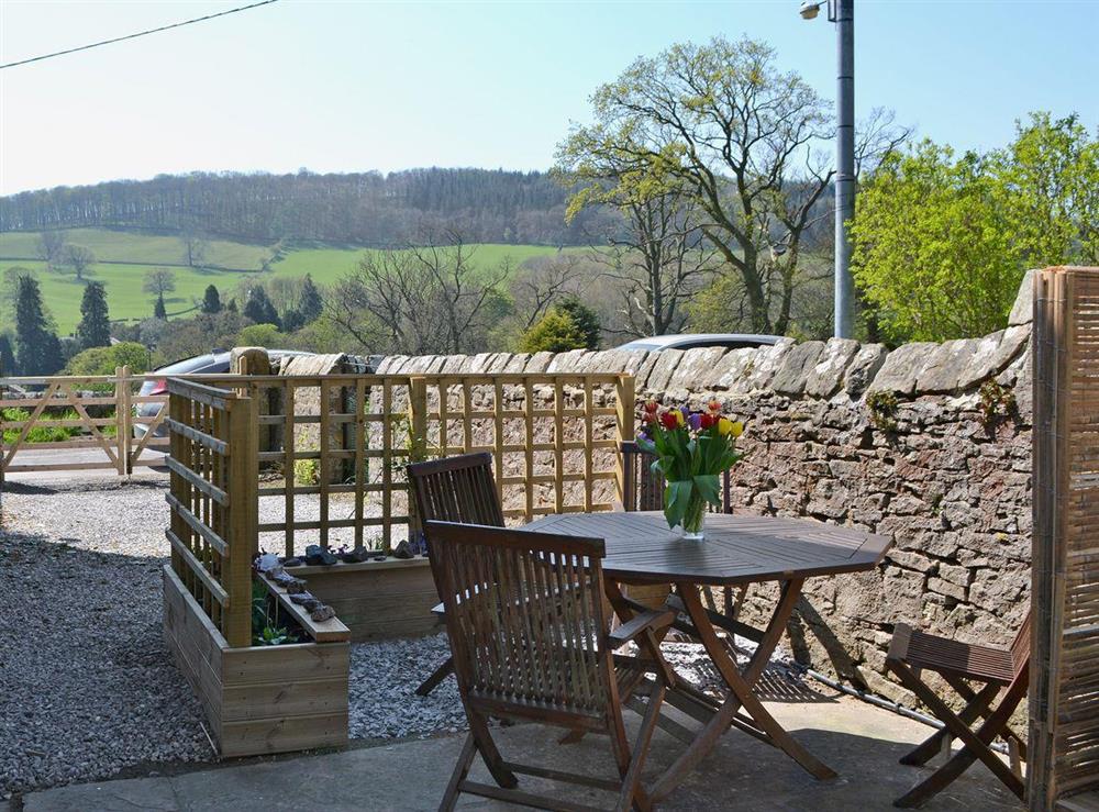 Private patio with superb views at Bumblebee Cottage in Marske near Richmond, North Yorkshire