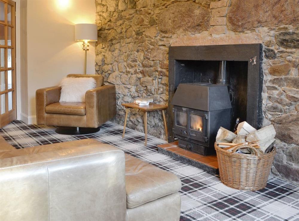 Warming wood burner within living room at Burnbrae Cottage in Bridgend of Lintrathen, near Forfar, Angus