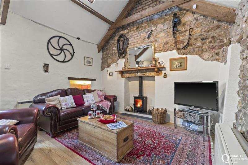 Leather sofa and two chairs and log burner TV at Butter Cottage, Gower Peninsula