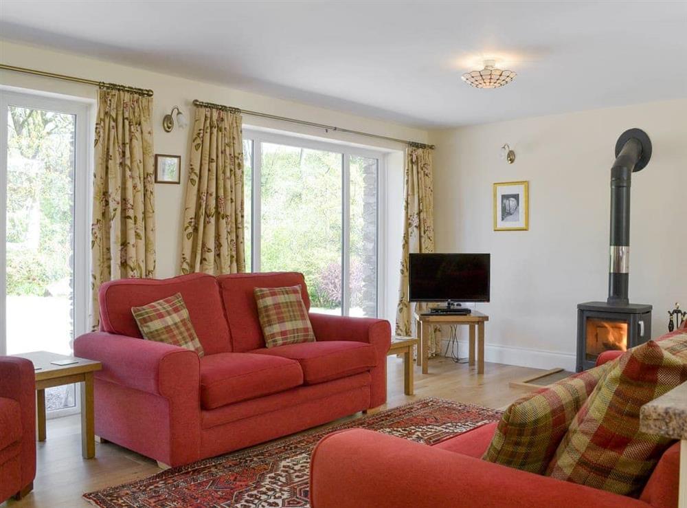 Comfy seating and a wood burner in the living area at Butterfly Cottage in Kendal, Cumbria