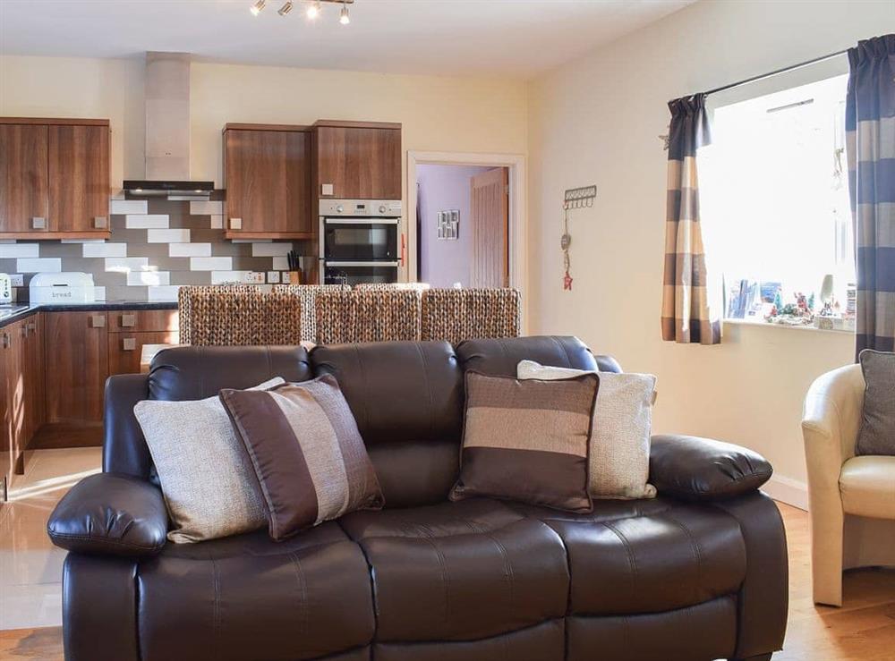 Comfortable leather furniture and well appointed kitchen area at Barn 1, 