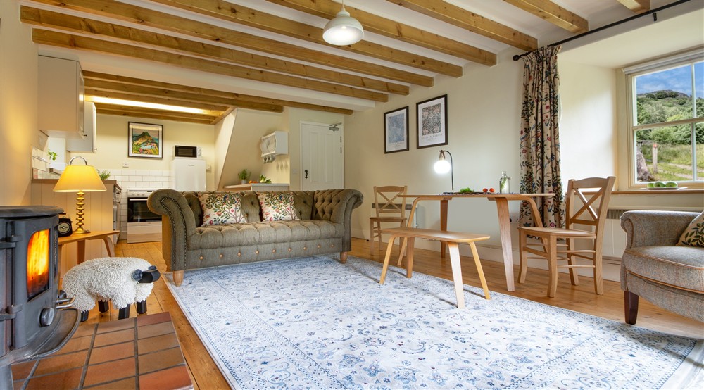 The open plan kitchen, sitting and dining room at Bwthyn Mai in Beddgelert, Gwynedd