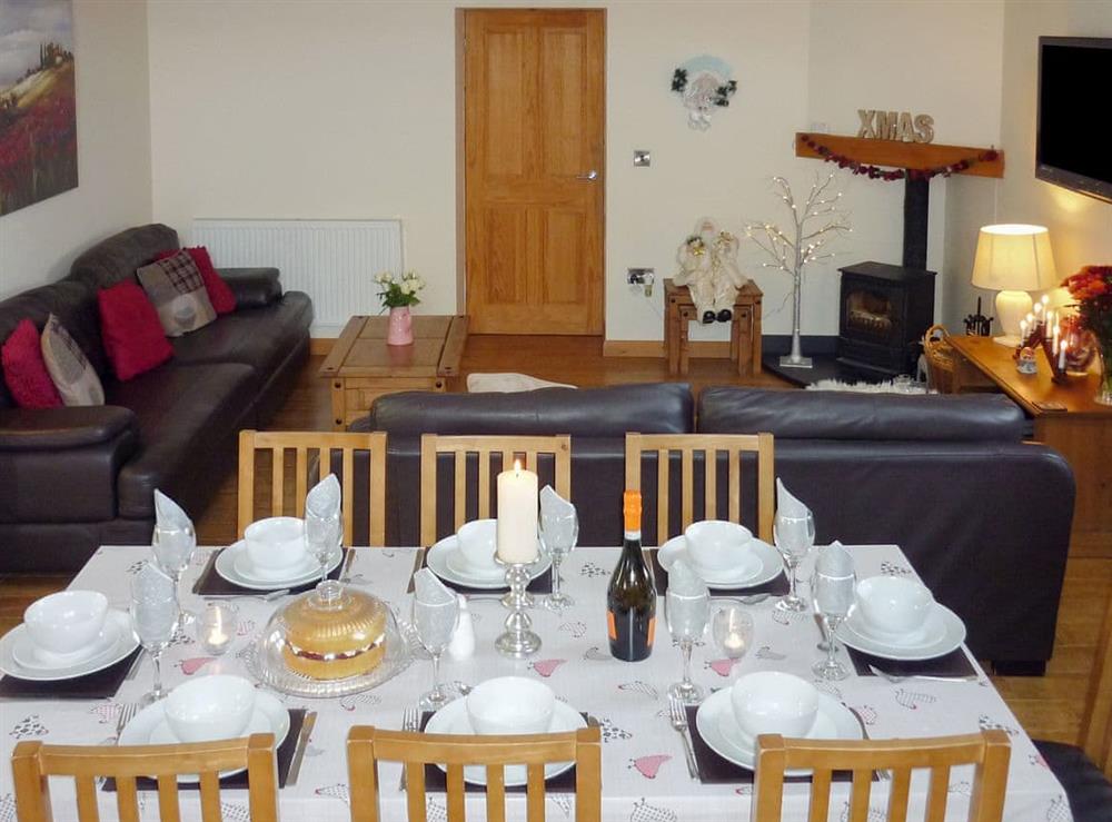 Charming open plan living area at Christmas at Bwthyn Meulan in Llandwrog, Nr. Caernarfon, Gwynedd