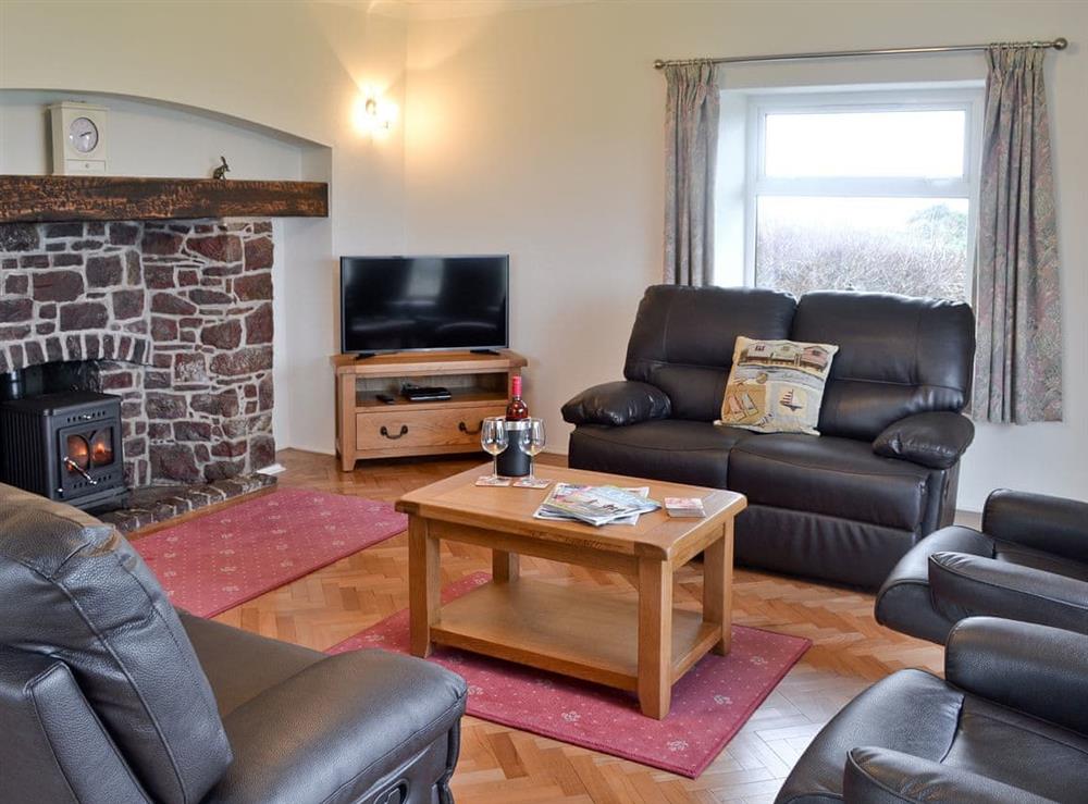 Living room with wood burning stove at Bwthyn Pereos in Cemaes Bay, Gwynedd