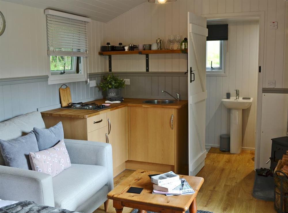 Open plan living space at Caban Salem in Cwm-Cewydd, near Machynlleth, Gwynedd