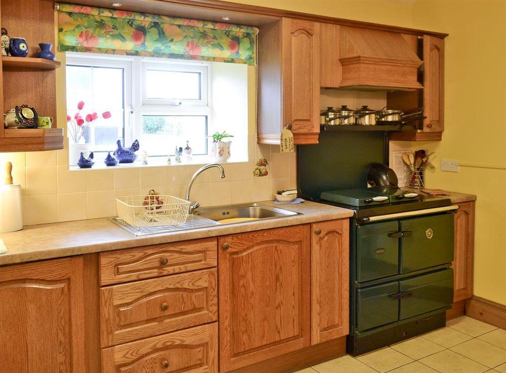 Kitchen with range cooker at Cae Bach Cottage in Dinas, Lleyn Peninsula, Gwynedd