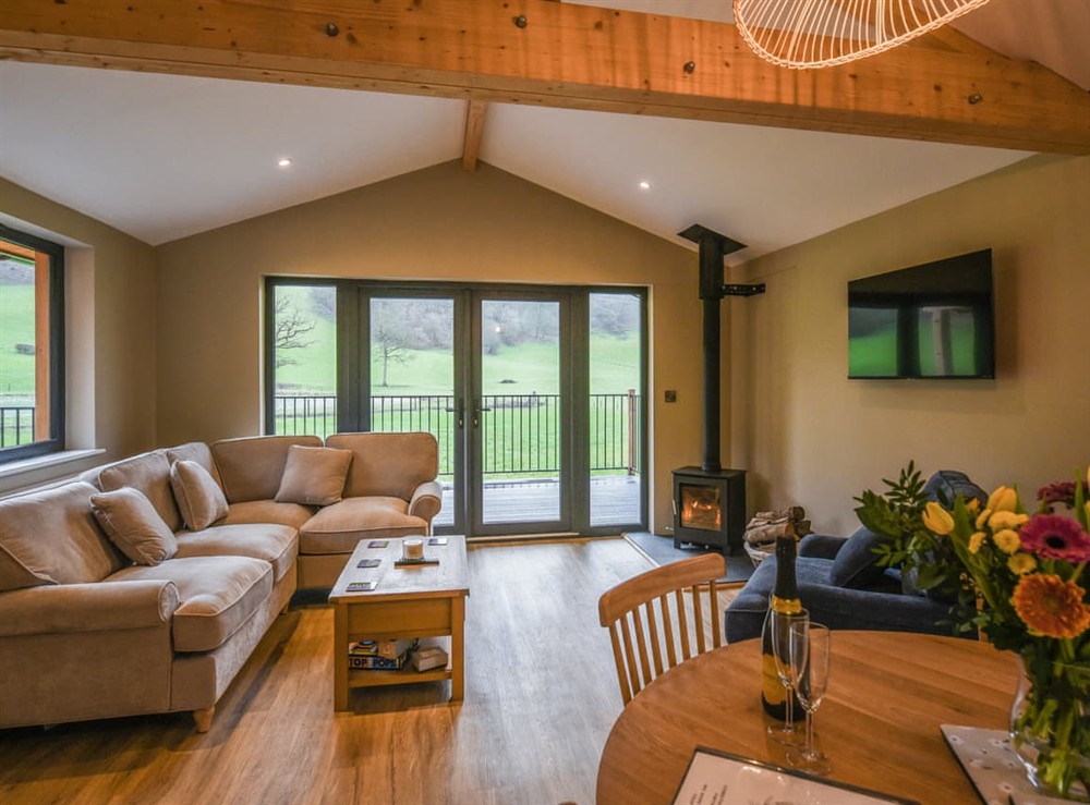 Open plan living space at Cae Glas Lodge in Welshpool, Powys