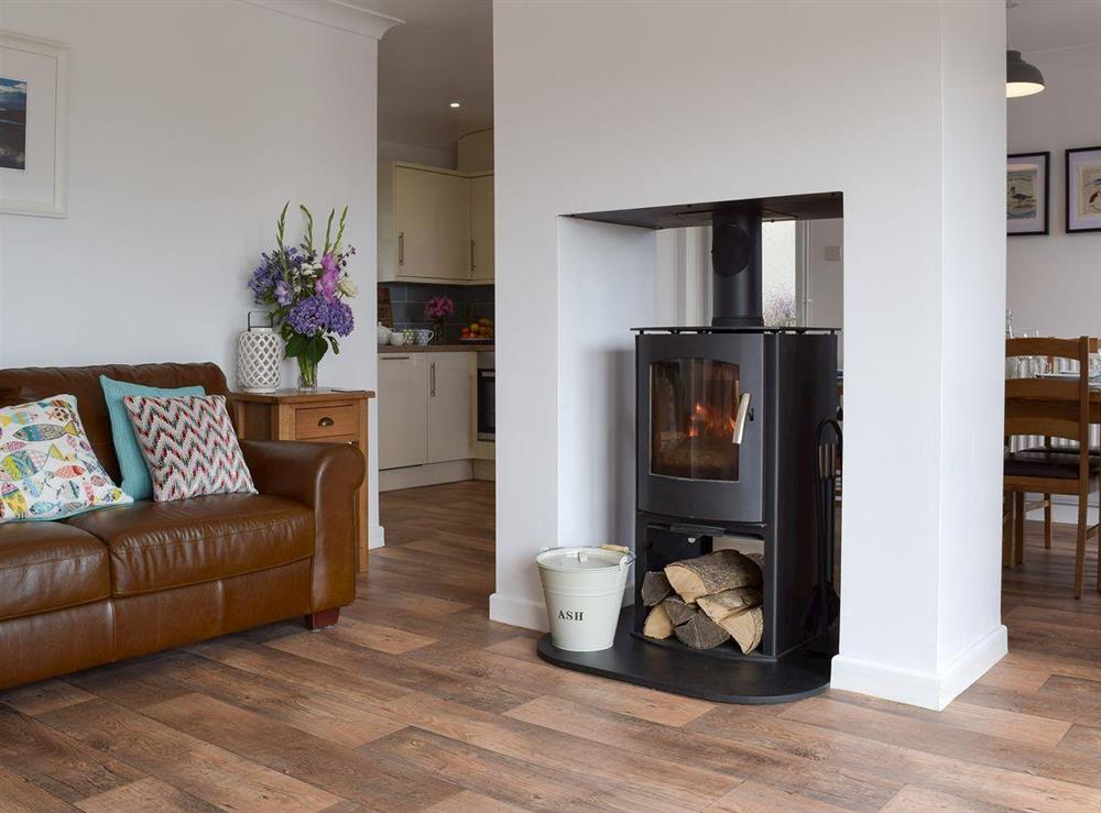 Open plan living space with wood burner (photo 3) at Caldey View in Near Stepaside, Saundersfoot, Pembrokeshire, Dyfed