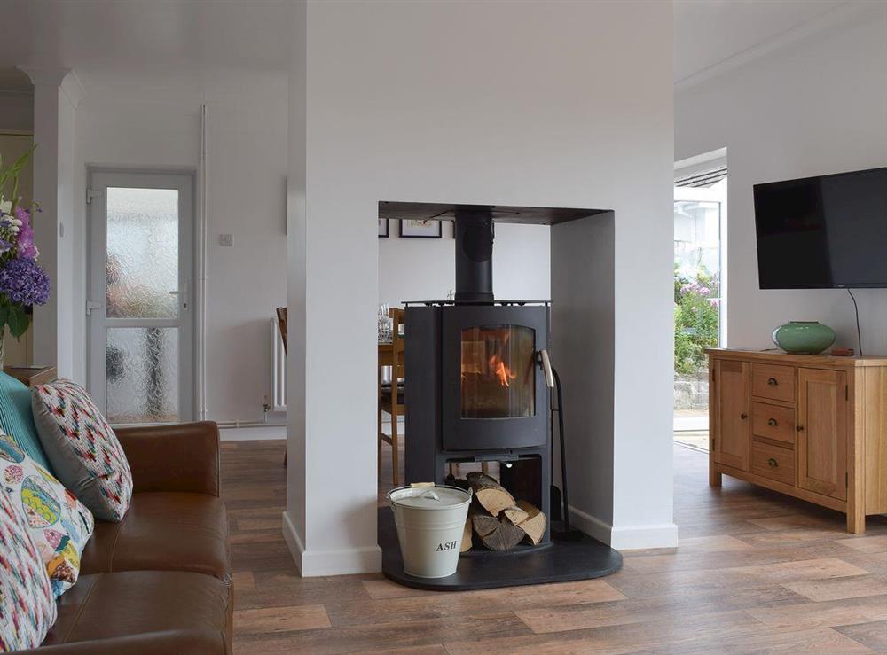 Open plan living space with wood burner at Caldey View in Near Stepaside, Saundersfoot, Pembrokeshire, Dyfed