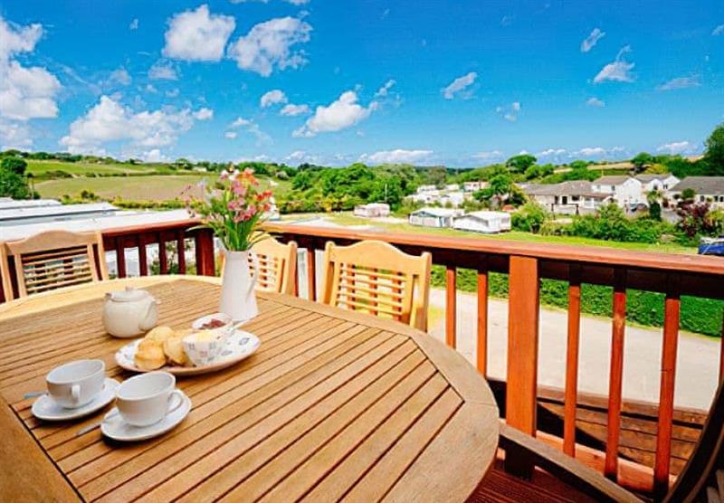 Terrace in the Harlyn 3 Deluxe at Calloose Holiday Park in Leedstown, Cornwall