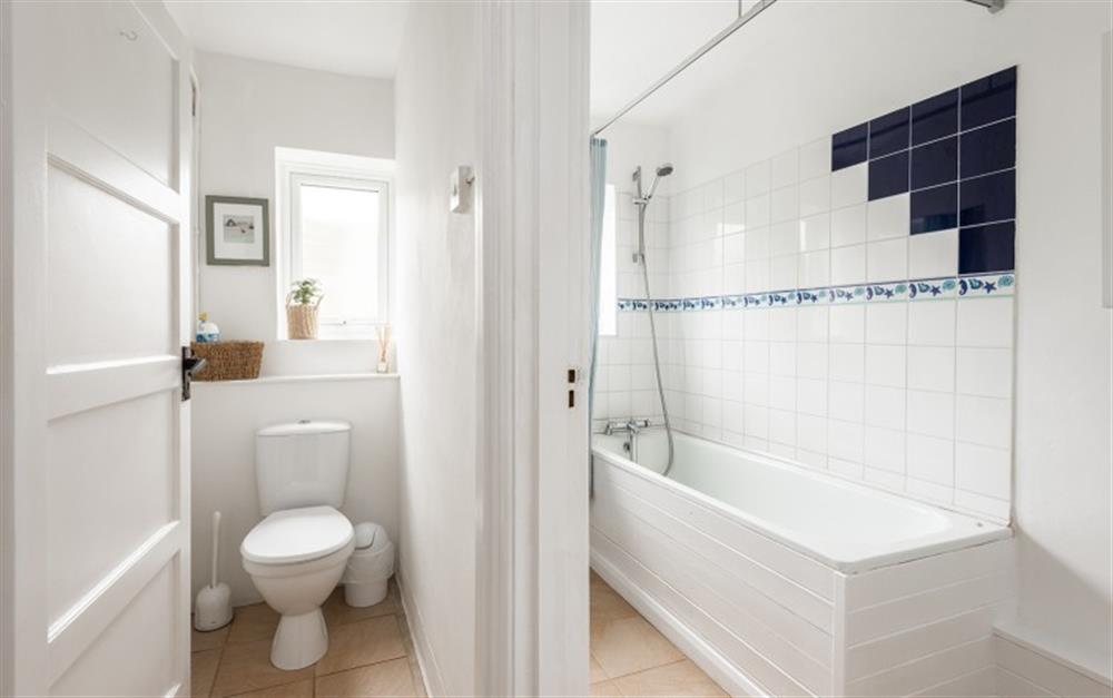 Ground floor bathroom and toilet, accessible  from the kitchen. at Camac Cottage in Hope Cove