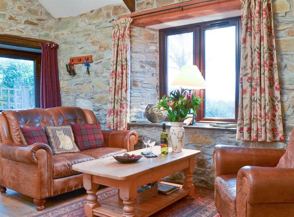 Comfortable leather furniture in the living area at Campion Cottage in Michaelstow, Nr Camelford, Cornwall., Great Britain