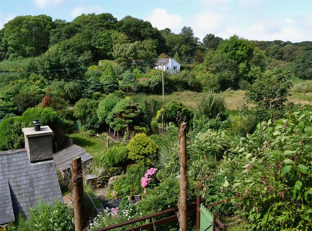 Stunning valley views from the shared gardens at Capel Fawnog Bach in Talsarnau, Gwynedd