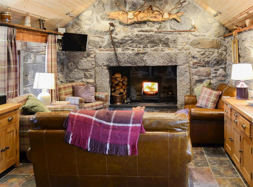 Warm and cosy open plan living space with cosy wood burner at Capercaillie Cottage in Rhilochan, Rogart, near Dornoch, Highlands, Sutherland