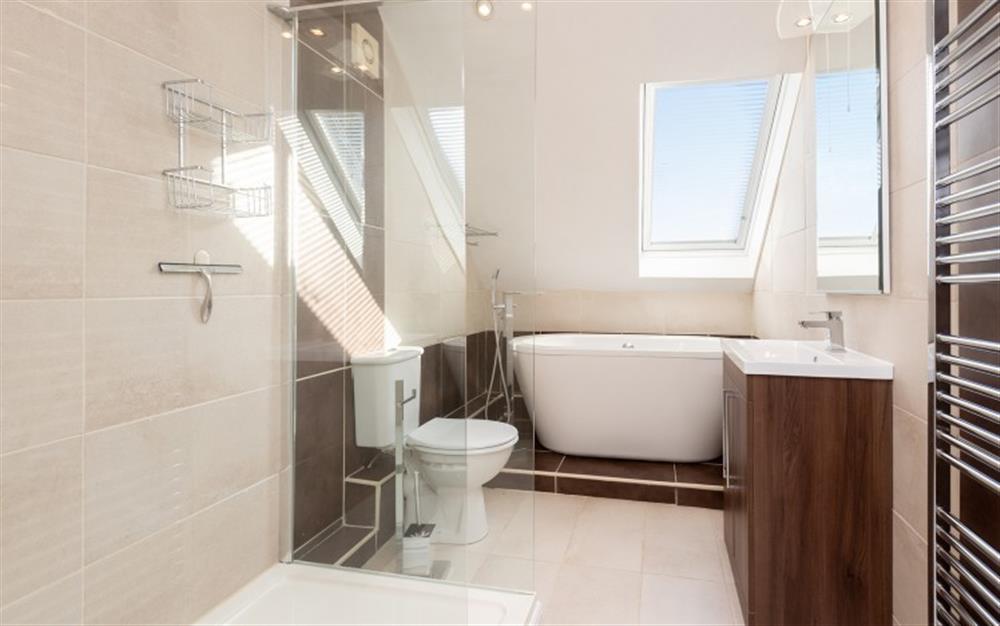 The fabulous bathroom complete with freestanding bath.  at Captain's Lookout in Kingsbridge