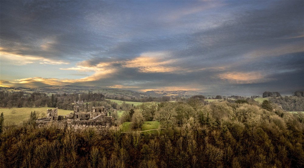 An aerial view of Dinefwr Castle, on the Dinefwr estate, Carmarthenshire at Cariad Cottage in Llandeilo, Carmarthenshire