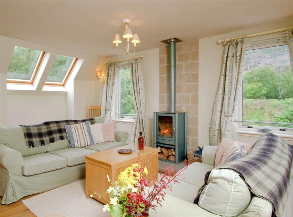 Stylish living area with cosy wood-burning stove at Carness West in West Carness, By Fort William., Inverness-Shire