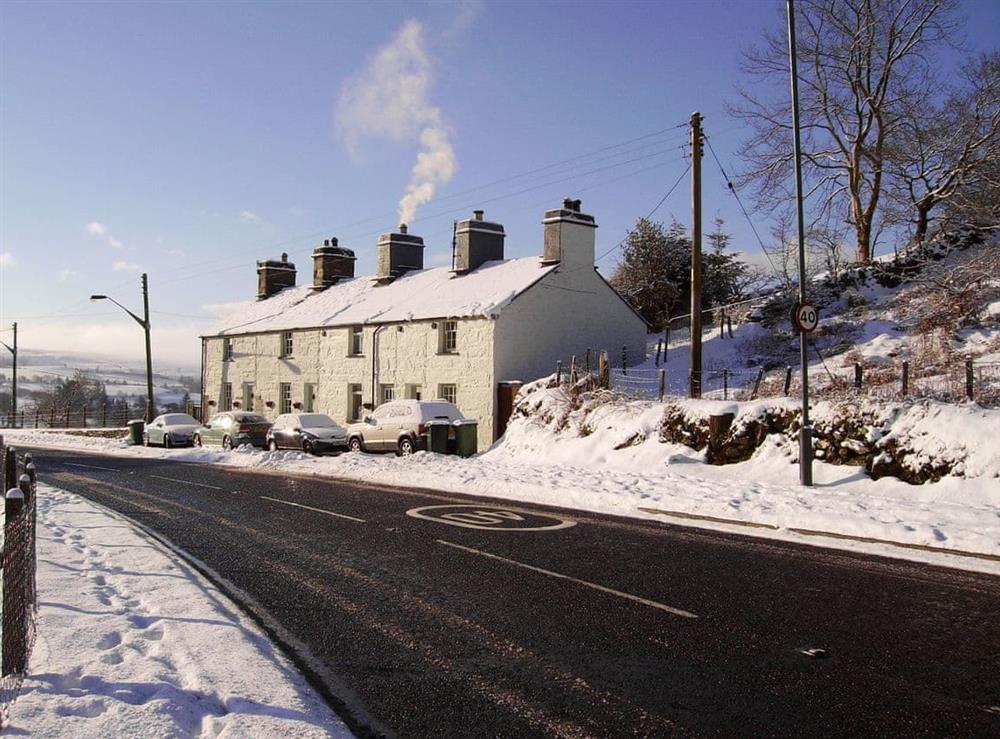 Snowy external view in winter at Carreg Gleision in Manod, near Blaenau Ffestiniog , Gwynedd