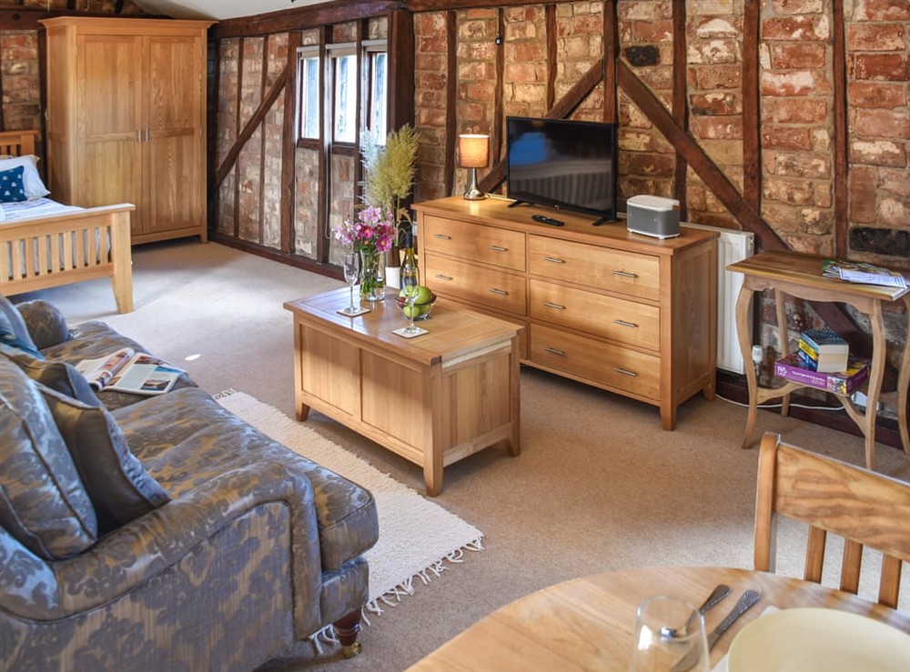 Open plan living space at Cartlodge Loft in Palgrave, near Diss, Suffolk