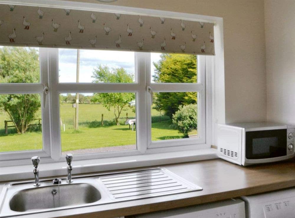 Kitchen with garden views at Cartwheel Cottage in Longhorsley, near Rothbury, Northumberland