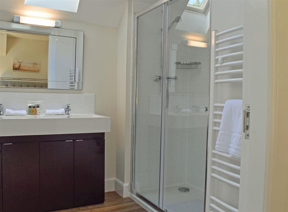 Modern en-suite shower cubicle with heated towel rail and toilet