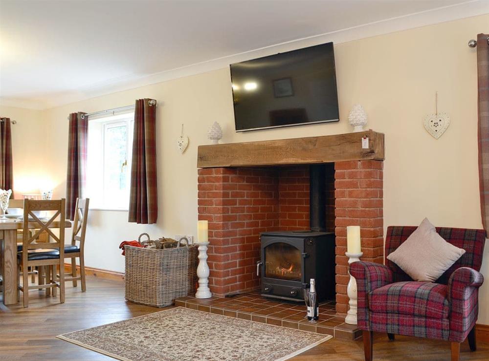 Homely living/ dining room with cosy wood burner at Castle View in Llananno, near Llandrindod Wells, Powys