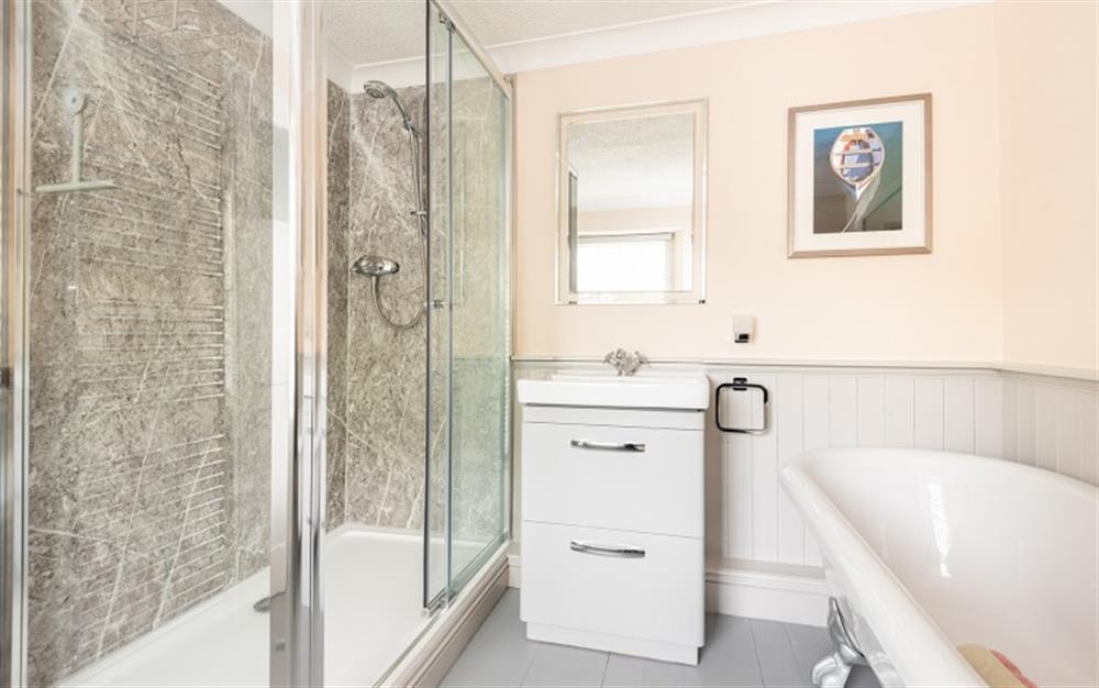 double shower and bath at Cato Cottage in Bridport