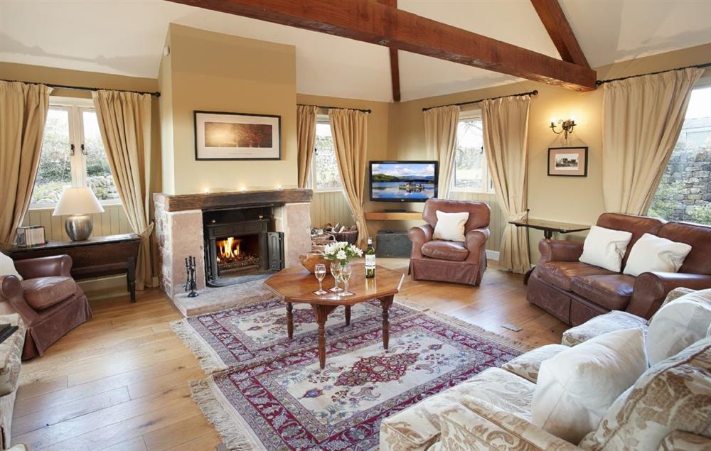 Stone fireplace with open fire in the gin case sitting room at Cazenovia Hall and Wythburn Cottage, near Greystoke