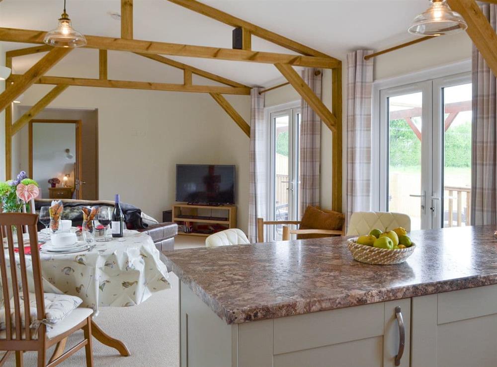 Exposed wooden trusses throughout the living space at Cedar Lodge in Cowbeech, near Hailsham, East Sussex