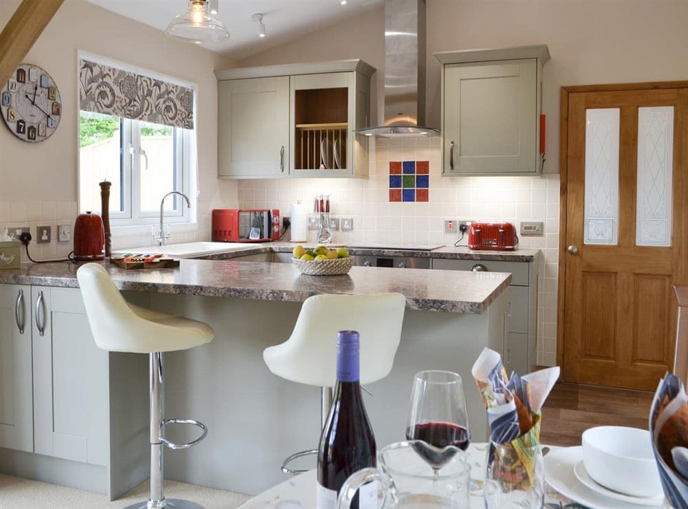 Well-equipped kitchen with breakfast bar at Cedar Lodge in Cowbeech, near Hailsham, East Sussex