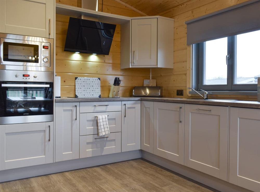 Fully equipped kitchen within the open-plan design at Cedar Lodge in Ulverston, Cumbria