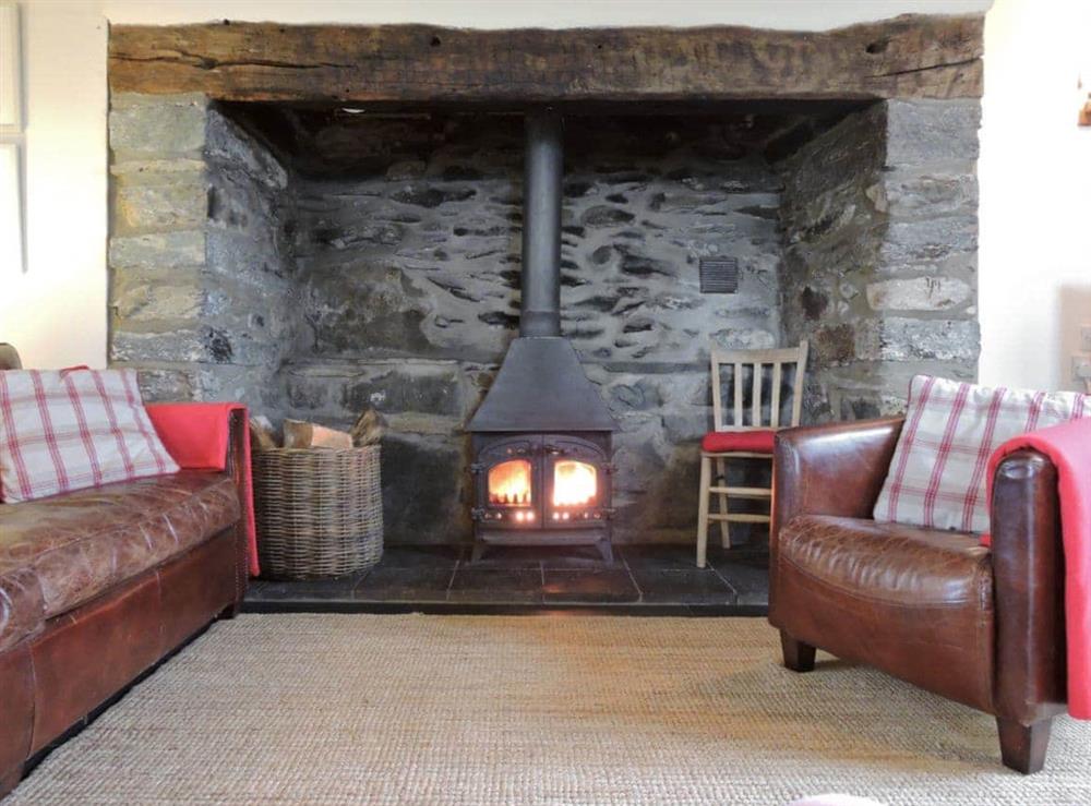 Wood-burning fire in feature fireplace at Cefn Bach in Nr Betws-y-Coed, Gwynedd., Great Britain