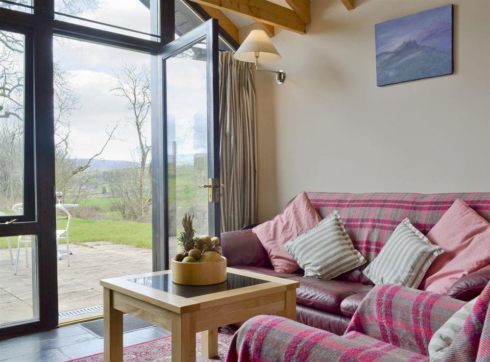 Comfy lounge with doorway to patio area at Cennen Cottages at Blaenllynnant, Y Bwthyn in Gwynfe, Llangadog, Carmarthenshire., Dyfed