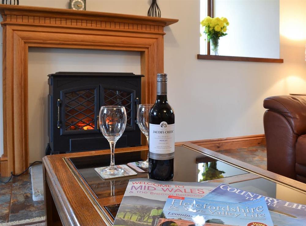 Relax in front of the electric woodburner in the welcoming living room at Chalgrove in Soar, near Brecon, Powys, Wales