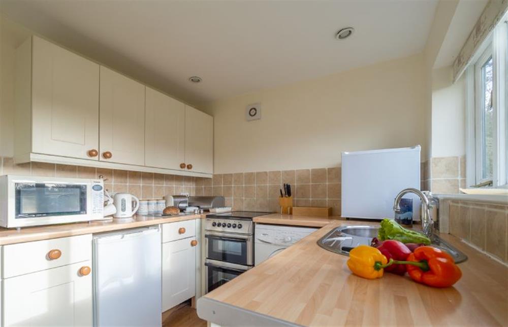 Kitchen with electric oven and hob, microwave and dishwasher at Chestnut Cottage, Westleton