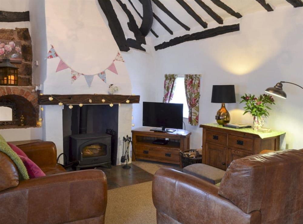 Cosy and warm living room with wood burner at Childe of Hale Cottage in Hale Village, Merseyside