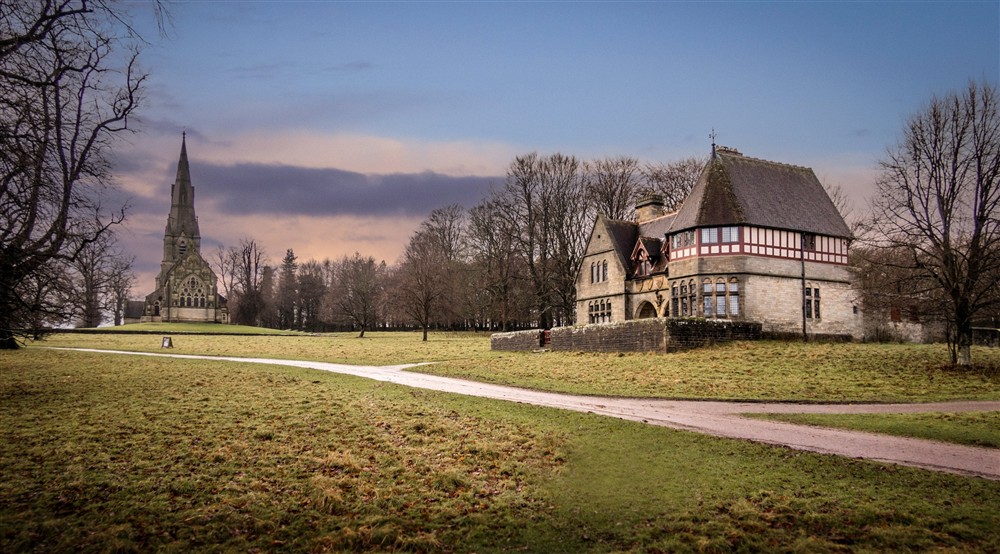 Choristers House is next to St. Marys Church, a richly decorated Victorian Gothic revival church in Studley Royal Deer Park, Yorkshire at Choristers' House in Nr Ripon, North Yorkshire
